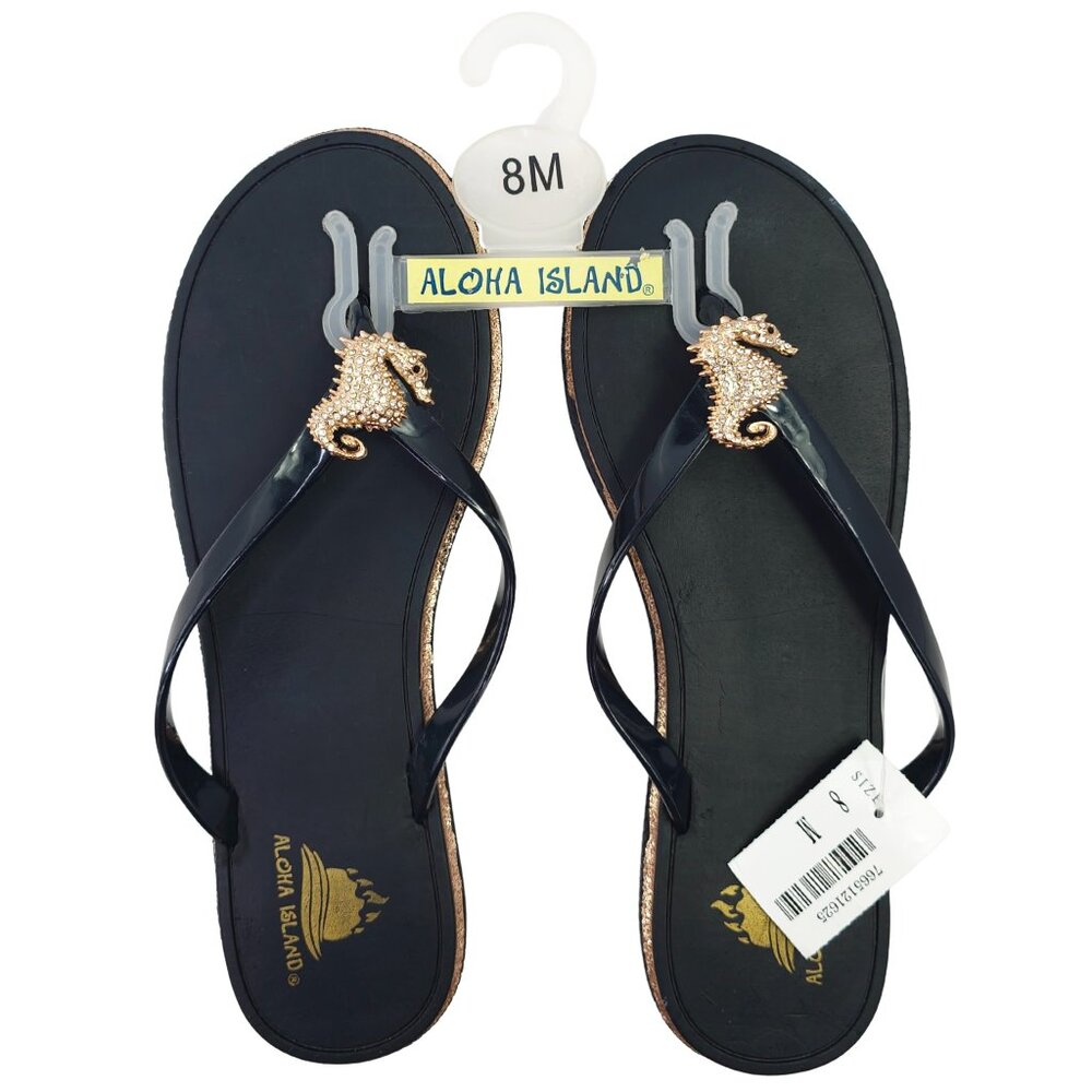 Aloha Island Women's Black and Gold Glitter Rhinestone Seahorse Flip Flops